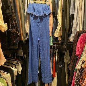 Karina Grimaldi blue linen strapless jumpsuit with wide leg pants